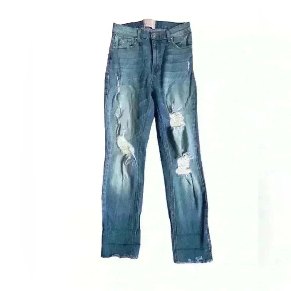 REVICE Denim High Rise Crop‎ Mom Blue Jeans Distressed Light Wash Women's 28 USA